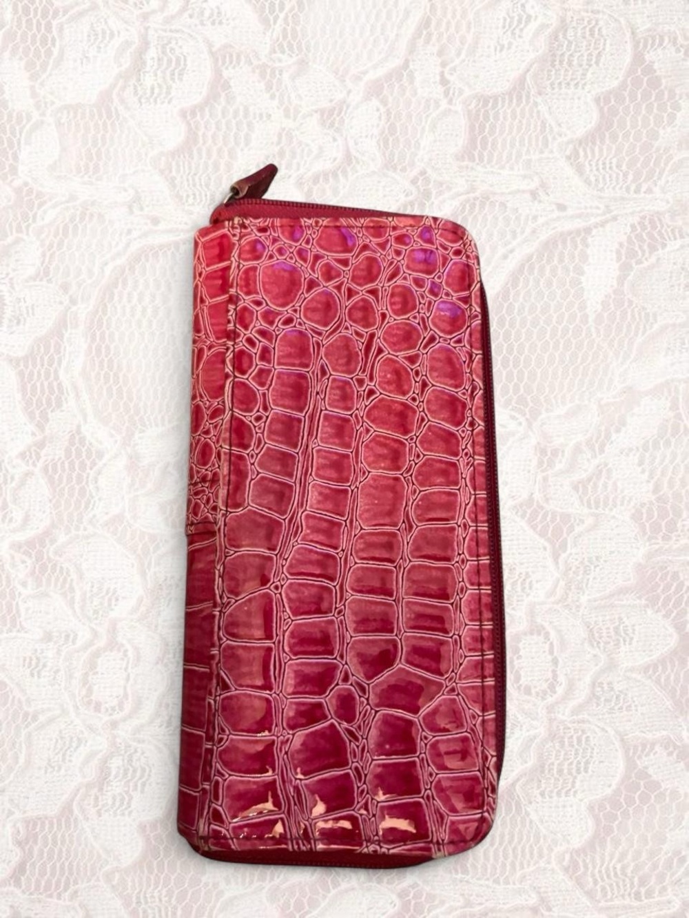Pink Croc-Embossed Zip Wallet with Gold Rings - Picture 5 of 5